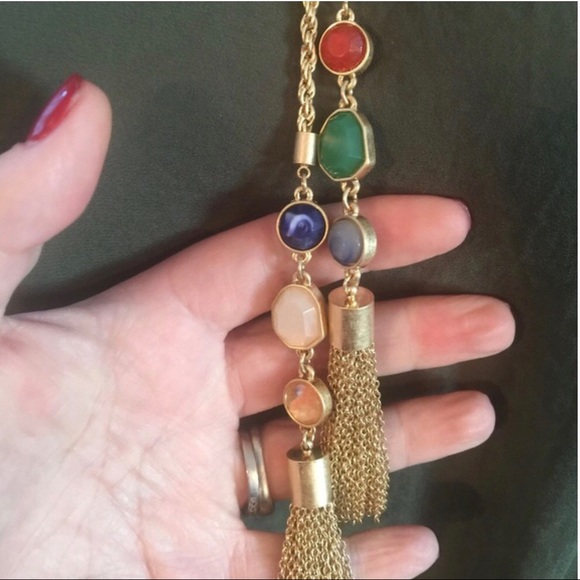 Gold necklace w/tassels & colored stones - Picture 4 of 7